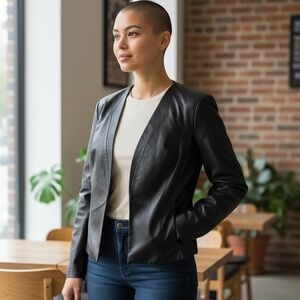 LISA‎ RENA COLLECTION Black Leather Blazer Jacket Women's Open Front